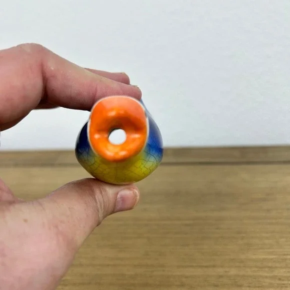 Vintage Ceramic Pie Bird Vent Blue Yellow Orange Glaze Crazed Baking Steam Vent - Picture 3 of 8